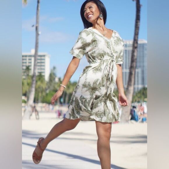 Angels by the Sea Palm Tree Leaves Olive Rayon Short Dress Size S/M - Picture 3 of 13